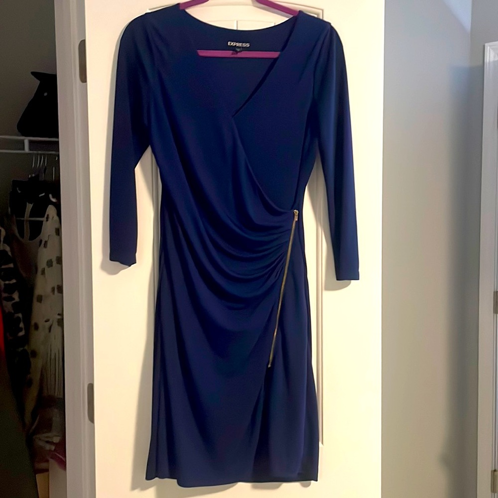 Express Medium Navy Side Zip Shift Dress 3/4 sleeve